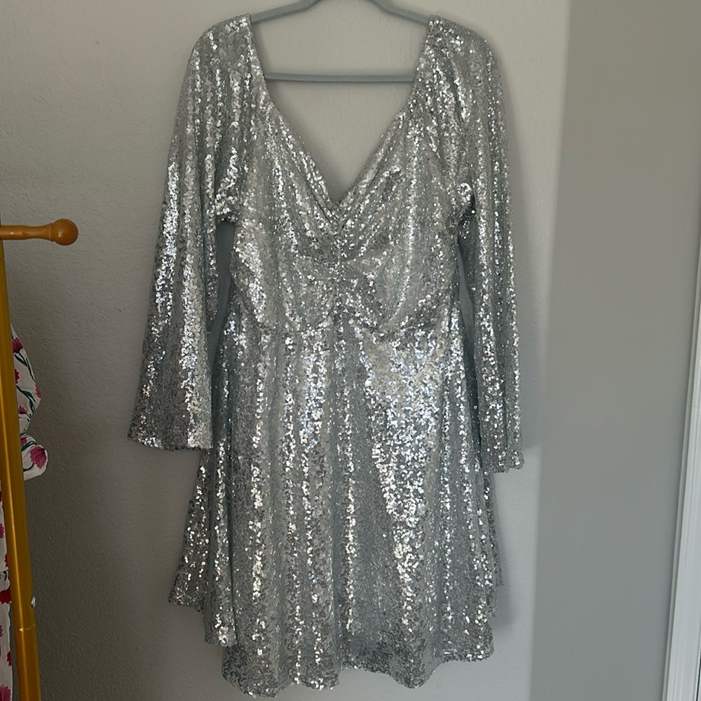 Silver Sequin Long Sleeve Midi Dress